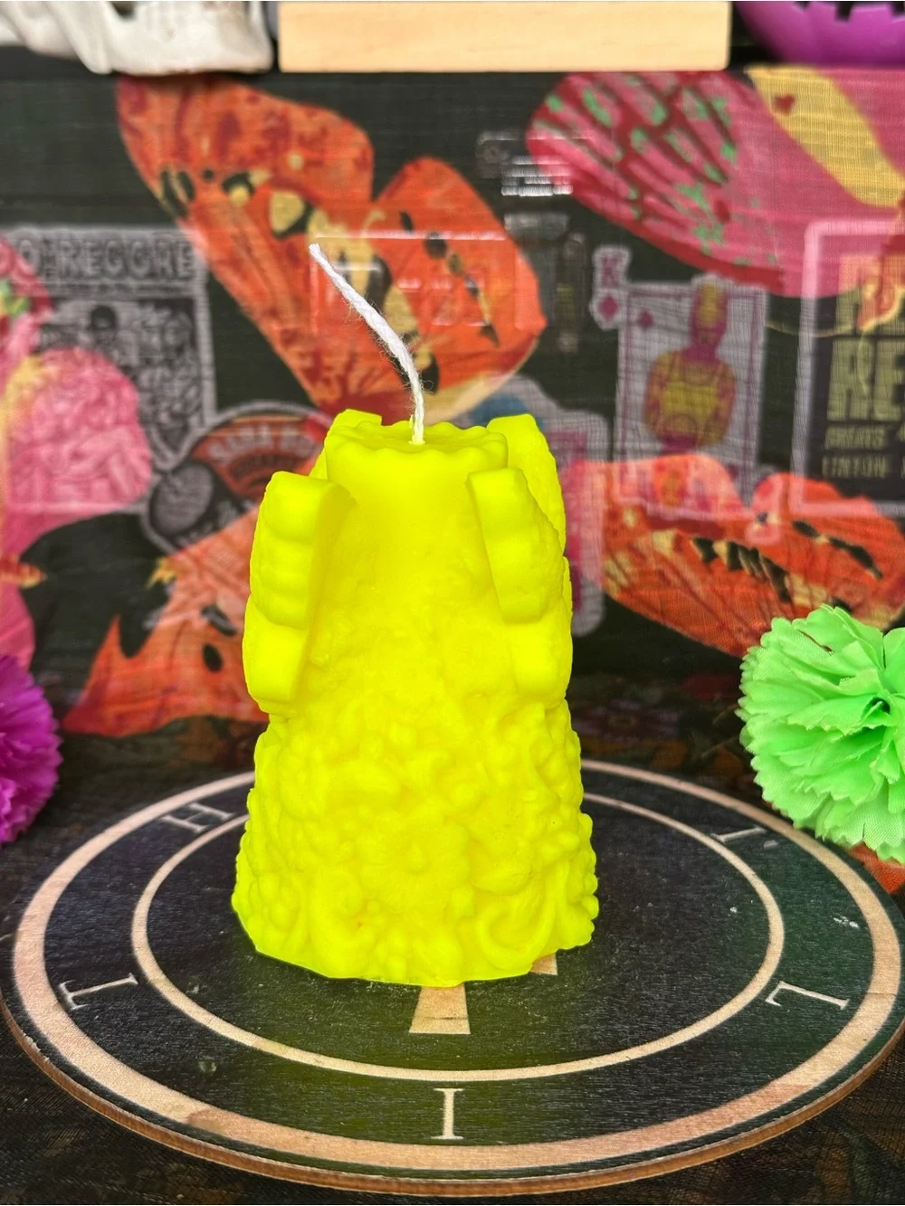 Handmade Neon Yellow Butterfly Candle – Floral Garden Pillar